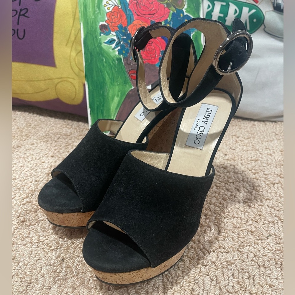 Jimmy Choo Black Suede Cork Platform Heels